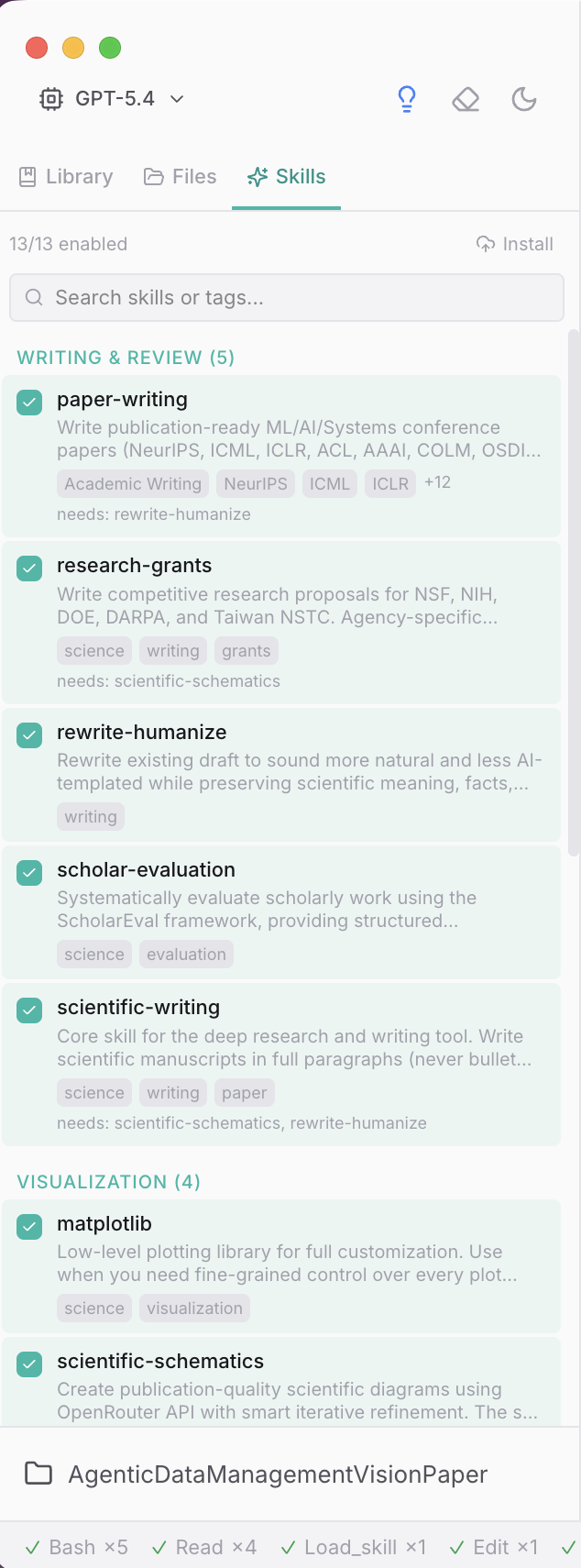 Skills panel showing builtin research skills